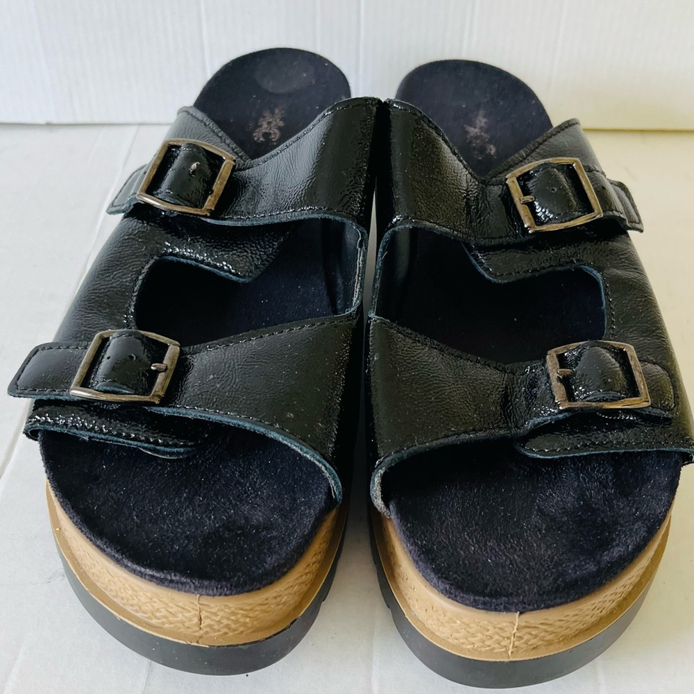 Shiny chic leather sandals slides adjustable double buckles suede insole US 10